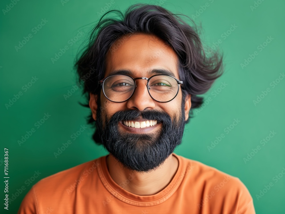 Joyful Indian Bearded Man in Glasses Over Green Background. Generative AI. Joyful Indian Bearded Man in Glasses Over Green Background. Generative AI.