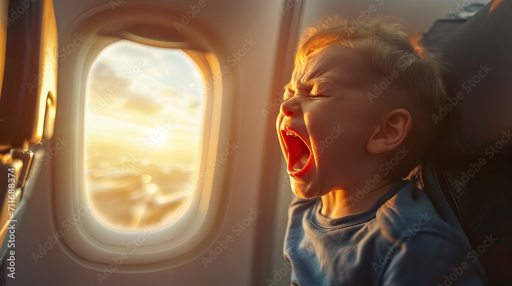 Toddler Boy Throws Temper Tantrum by Airplane Window, Expressing