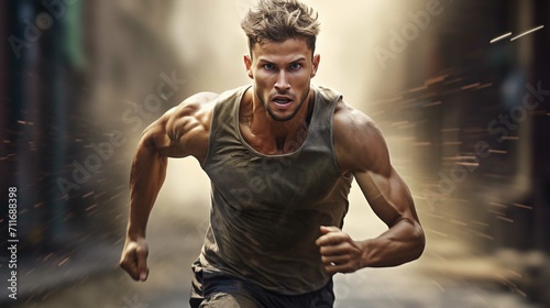 Athlete Runner Running on Road. Extremely detailed hyper realistic sport poster concept.