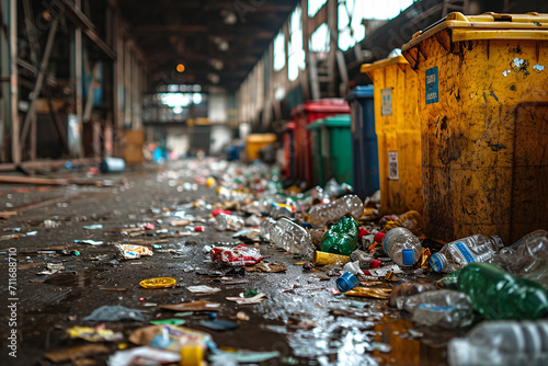 Litter-strewn floor in an industrial building with colorful bins