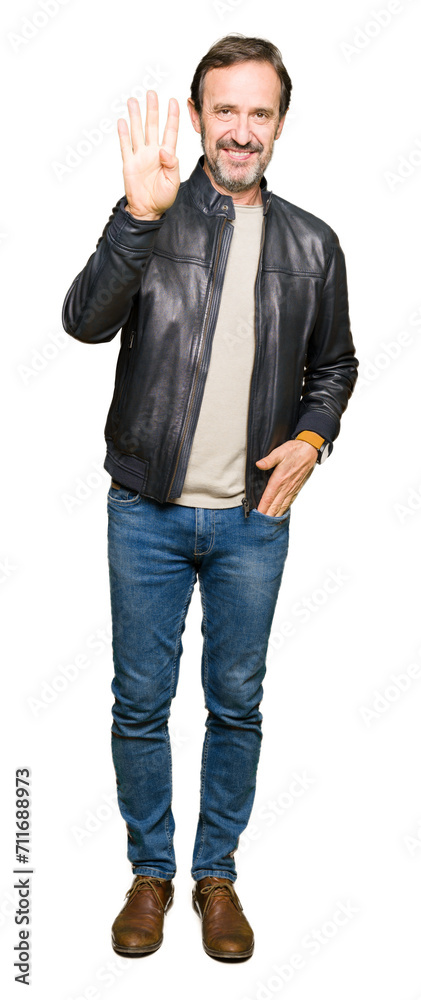 Middle age handsome man wearing black leather jacket showing and pointing up with fingers number four while smiling confident and happy. Middle age handsome man wearing black leather jacket showing and pointing up with fingers number four while smiling confident and happy.