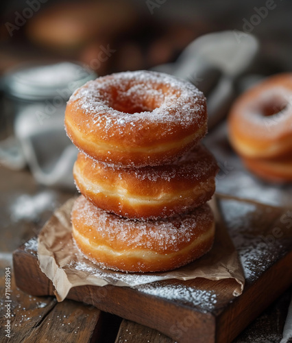 Stack of doughnuts on wooden table