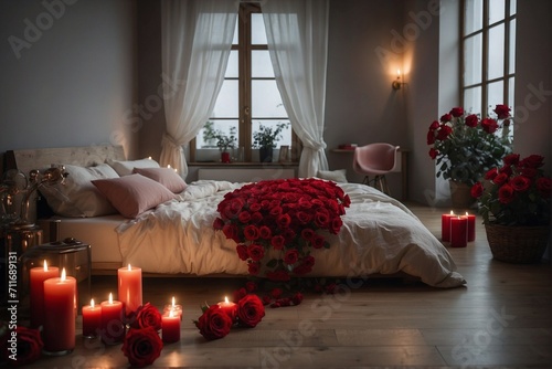 Bedroom decorated with red roses and candles, romanticism