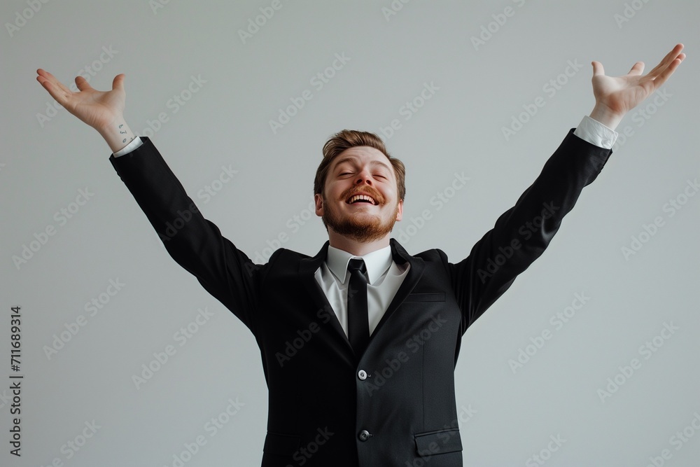 A portrait man Raise hands up in joy with black suit and necktie in white background
