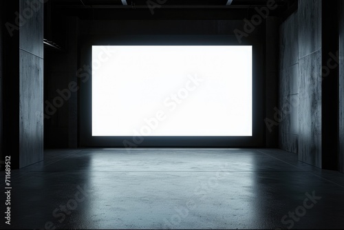 Immersive Digital Display: White Screen in Dark Gallery Interior © AIGen