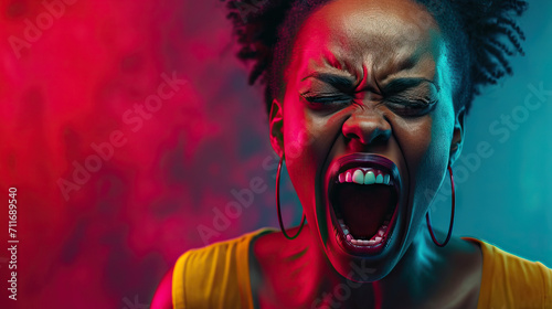 Powerful Portrait of an African American Woman Expressing Emotion and Shouting in Discomfort