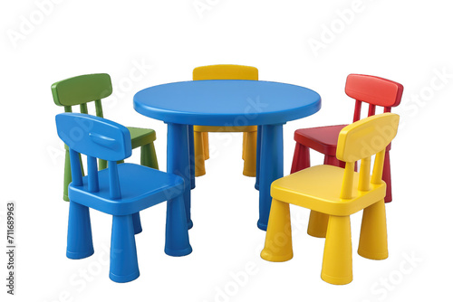 Colorful Childrens Furniture Set Consisting of Chairs and a Table on a Plain Background