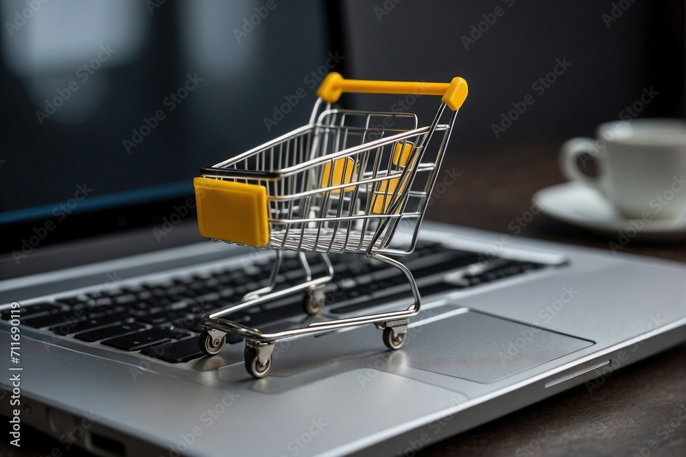 Shopping Cart on Laptop Keyboard: Internet Online Shopping Concept