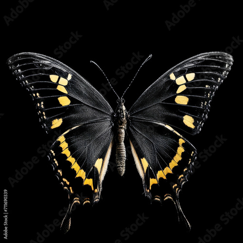 a butterfly on a black background, a lepidopteran insect. artificial intelligence generator, AI, neural network image. background for the design.