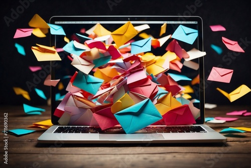 Paper multi-colored envelopes fly into a laptop monitor