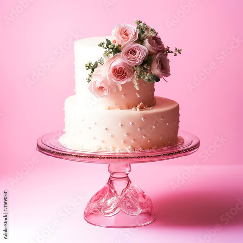tall white cake with buttercream, Birthday, Wedding, sweet dessert for the holidays. artificial intelligence generator, AI, neural network image. background for the design.