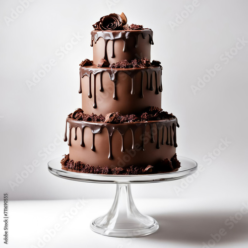 a tall chocolate cake for celebrating a wedding, birthday. sweet dessert. artificial intelligence generator, AI, neural network image. background for the design.