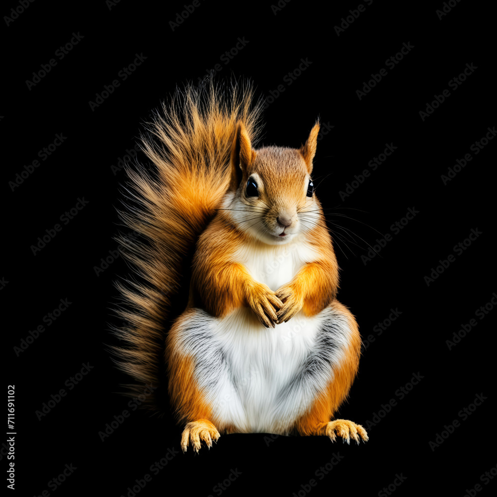 Obraz premium a red fluffy squirrel, a forest rodent. artificial intelligence generator, AI, neural network image. background for the design.