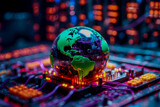 A futuristic AI computer CPU motherboard, glowing with neon lights and intricate circuitry, set against a backdrop of a rotating globe, representing the global reach of technology