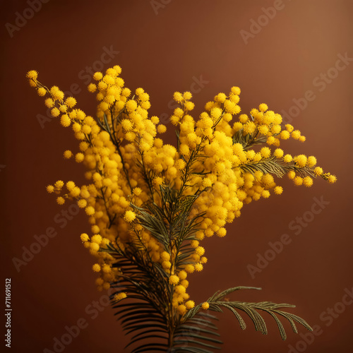 yellow mimosa branch, spring flower, March 8, women's Day. artificial intelligence generator, AI, neural network image. background for the design. © Alena Mostovich