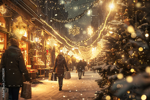 Shoppers enjoy a magical evening at a Christmas market, with sparkling lights and snow covered trees enhancing the holiday spirit.