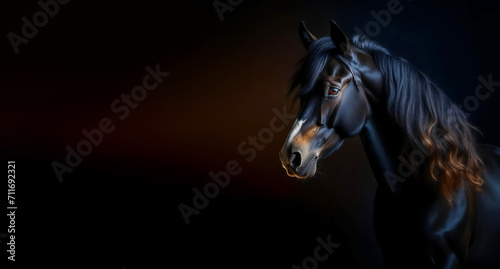 a horse on a dark background  a beautiful steed  equestrian sports. artificial intelligence generator  AI  neural network image. background for the design.