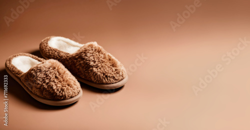 fluffy slippers on a brown background, indoor shoes. artificial intelligence generator, AI, neural network image. background for the design.