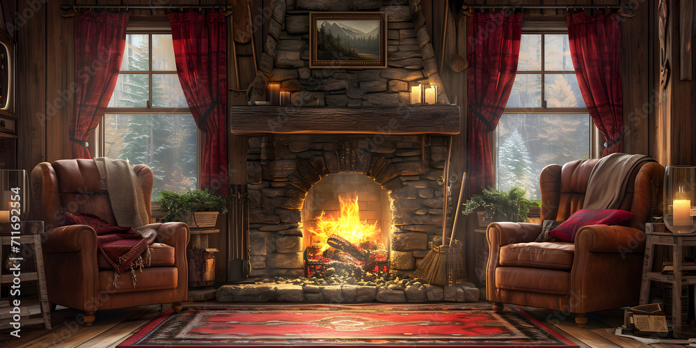 Digital illustration of a cozy cabin interior with a crackling fireplace, plush armchairs, and warm wooden accents, perfect for holiday season and relaxation.