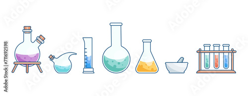 Round and flat-bottomed flasks, tubes with solutions and reagents. Laboratory glassware. Chemical reaction. Illustration on the topic of chemistry, biotechnology, biology.