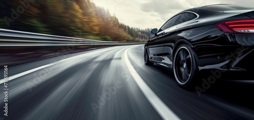 Rear view of black Business car on high speed in turn. black car rushing along a high-speed background blur effect