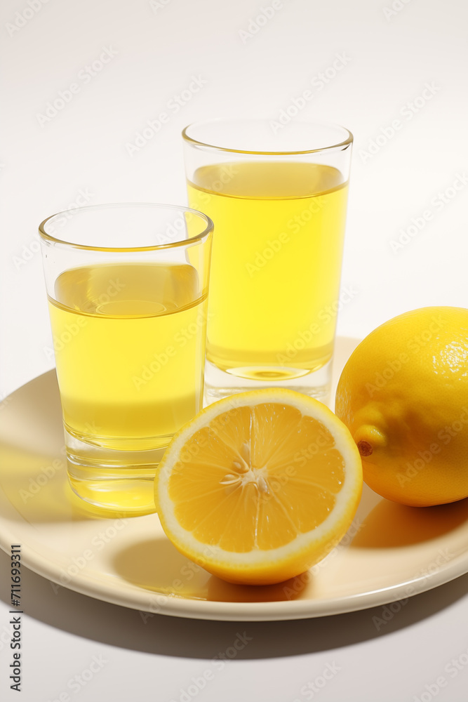 Lemon liquor in two glasses with lemons on the white background Lemon liquor in two glasses with lemons on the white background