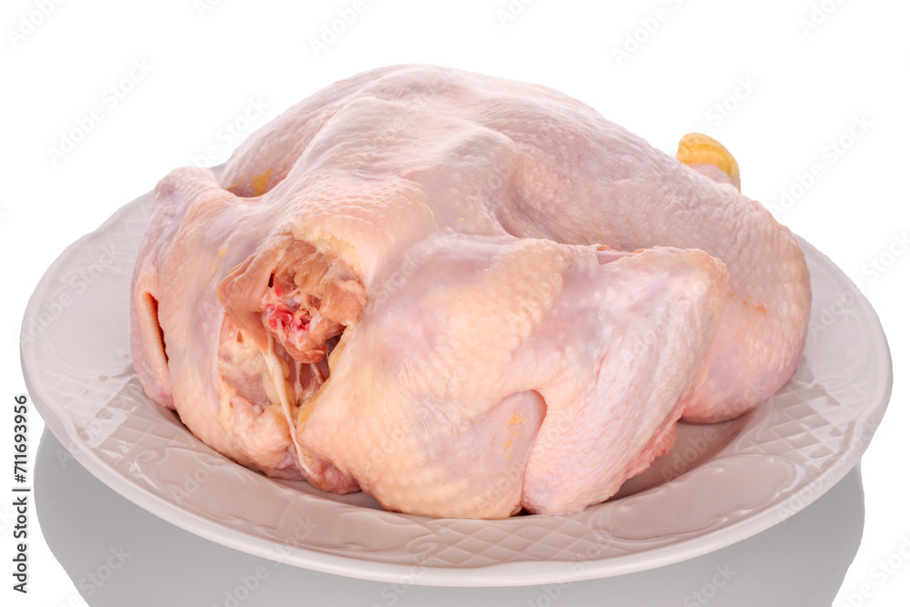 One raw chicken carcass on a ceramic plate, macro, isolated on white background. One raw chicken carcass on a ceramic plate, macro, isolated on white background.