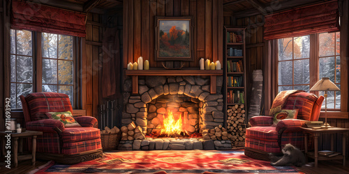 Cozy cabin interior with a crackling fireplace, plush armchairs, and warm wooden accents. Perfect for winter holiday season imagery and cozy home decor themes.