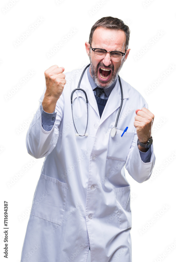 Middle age senior hoary doctor man wearing medical uniform isolated background very happy and excited doing winner gesture with arms raised, smiling and screaming for success. Celebration concept. Middle age senior hoary doctor man wearing medical uniform isolated background very happy and excited doing winner gesture with arms raised, smiling and screaming for success. Celebration concept.