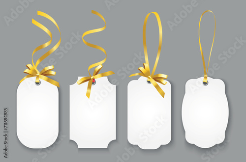 Vector realistic set of blank paper name tags or coupons with gold ribbons isolated on grey background