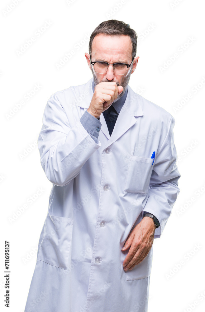 Middle age senior hoary professional man wearing white coat over isolated background feeling unwell and coughing as symptom for cold or bronchitis. Healthcare concept. Middle age senior hoary professional man wearing white coat over isolated background feeling unwell and coughing as symptom for cold or bronchitis. Healthcare concept.