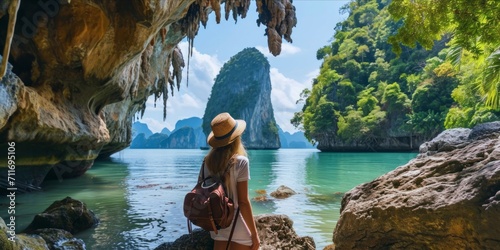 Young woman traveler with hat looking at beautiful view of Halong bay, Vietnam