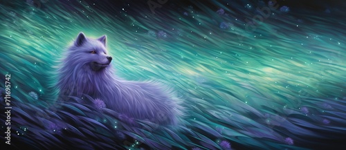 white Arctic fox with a fluffy looks up to Northern lights