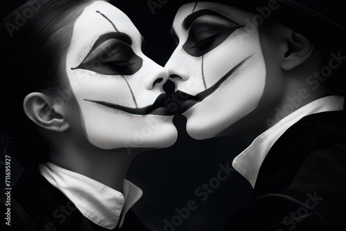 Close up portrait of romantic scene of woman and man mimes kissing with black and white faceart on their faces. Theater masks and World Theatre Day concept. photo