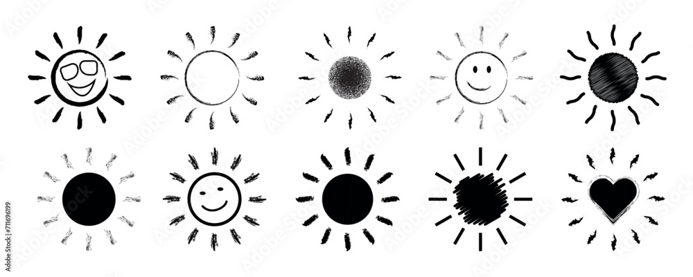 Hand Drawn sun icons set. Vector illustration.