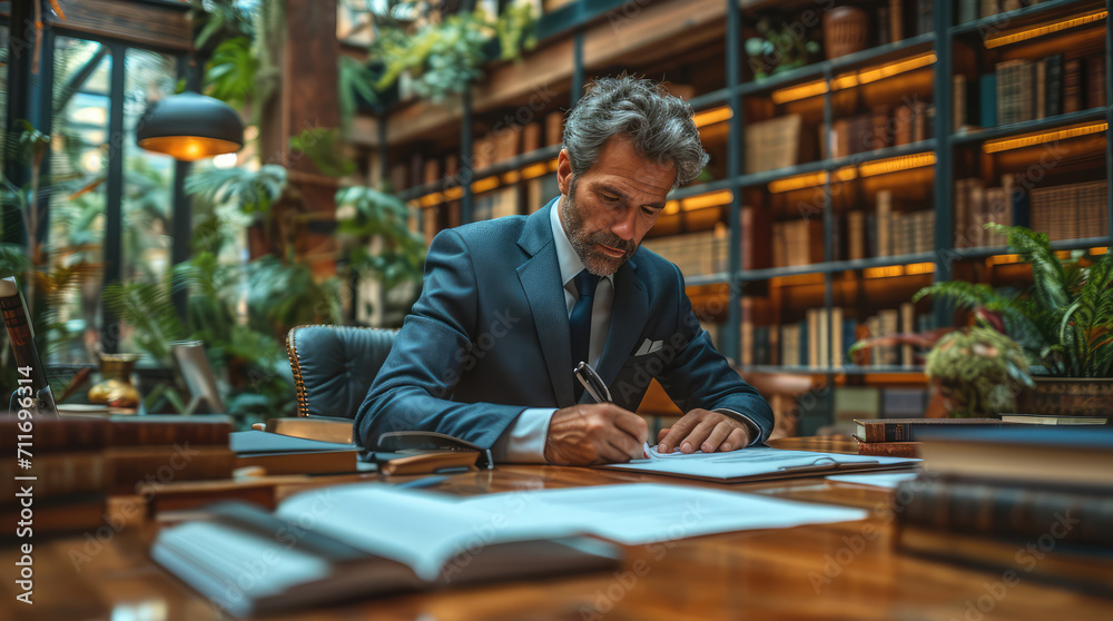 Mature, experienced, senior, lawyer, businessman signing a document, studying, working on a written document in office, library Mature, experienced, senior, lawyer, businessman signing a document, studying, working on a written document in office, library