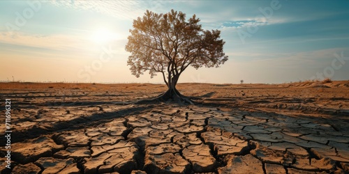 Lonely tree in the desert. Global warming, climate change