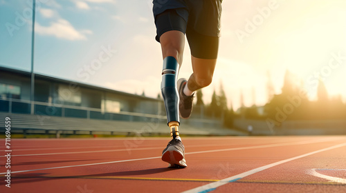 Disabled athlete with a prosthetic leg doing sport and exercise. Inspirational athlete, motivation and overcoming.