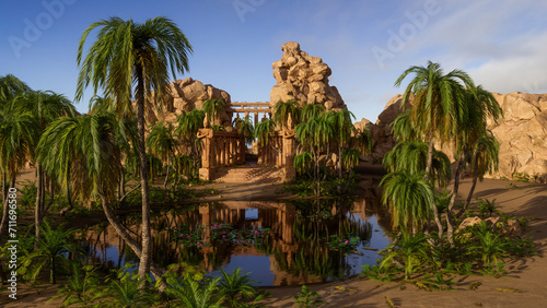 Fantasy ancient Egyptian temple with refelctions in a lake of an oasis in a desert landscape. 3D illustration. photo