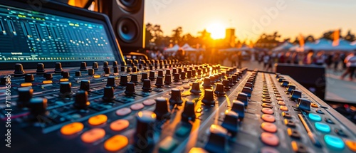 An audio mixing console at a live concert event glows with vibrant controls as the sun sets in the background. 