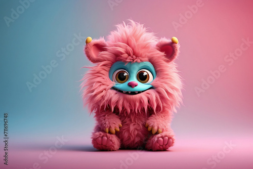 cute pink furry monster on pink background