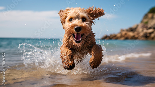 Joyful Dog Frolicking on the Beach at Sunset created with Generative AI technology photo