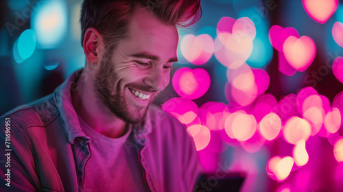 Happy laughing young adult man is looking at her phone on pink hearts shaped bokeh lights background. Valentines day. Internet connection concept