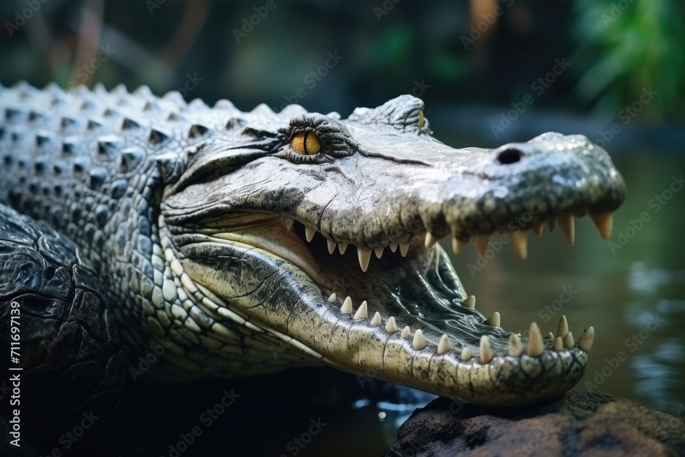 Fototapeta premium Freshwater crocodile portrait with open mouth in river background.