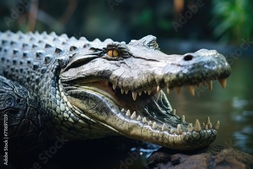 Freshwater crocodile portrait with open mouth in river background.