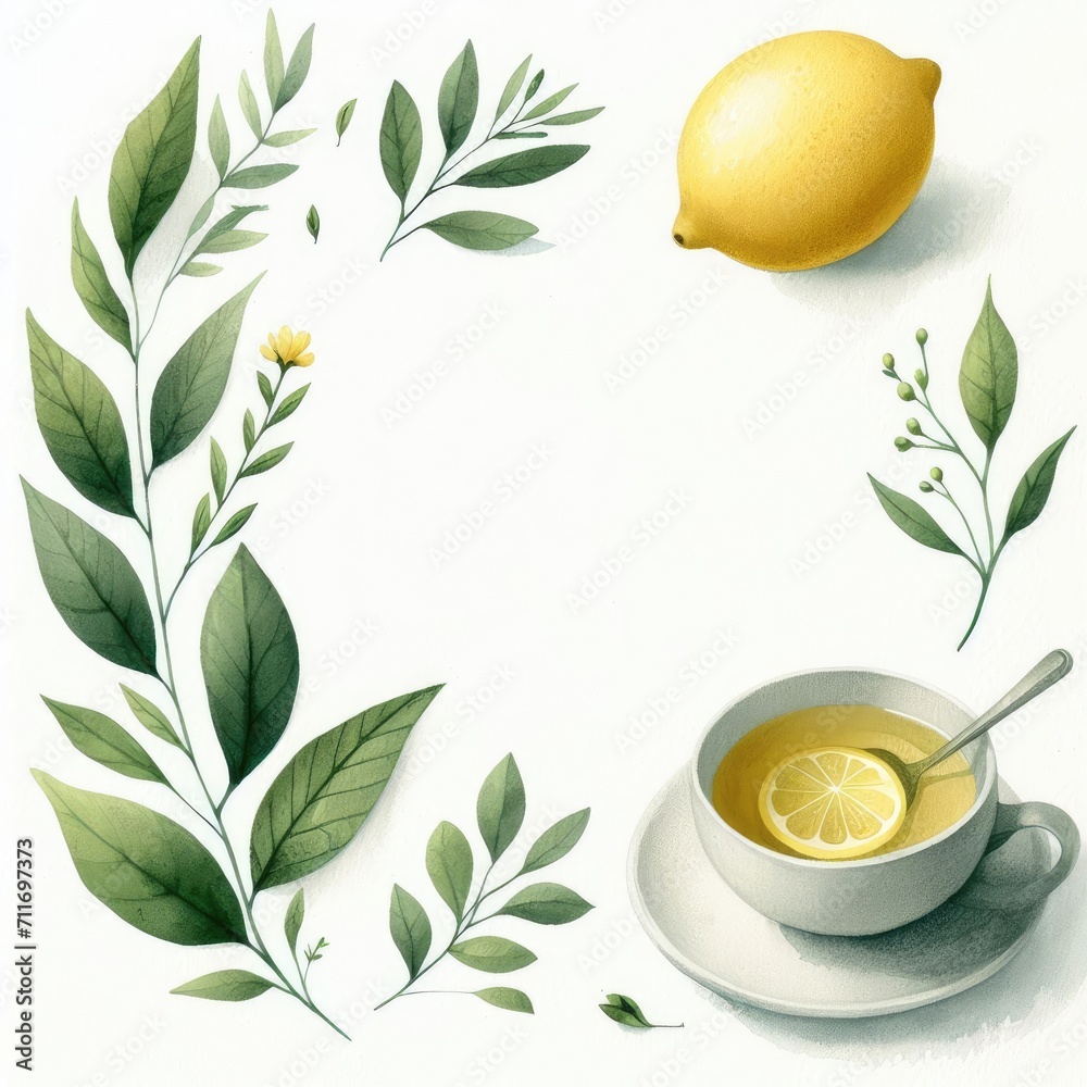 Vibrant Watercolor Illustrations: Plants, Fruits, Cosmetics, and Ingredients, Featuring Lemon and Green Tea on a White Background