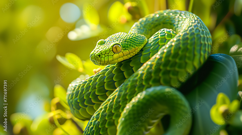 Obraz premium Bright green snake coiled amidst lush foliage, its intricate scales glistening in sunlight. Ideal for wildlife and nature themes. 