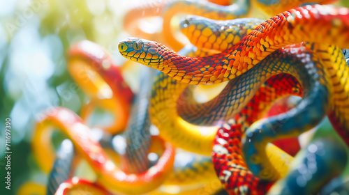 Vibrant colored snakes intertwine, showcasing a mix of red, orange, and blue scales; a close-up capturing the intricate patterns and textures in high detail.