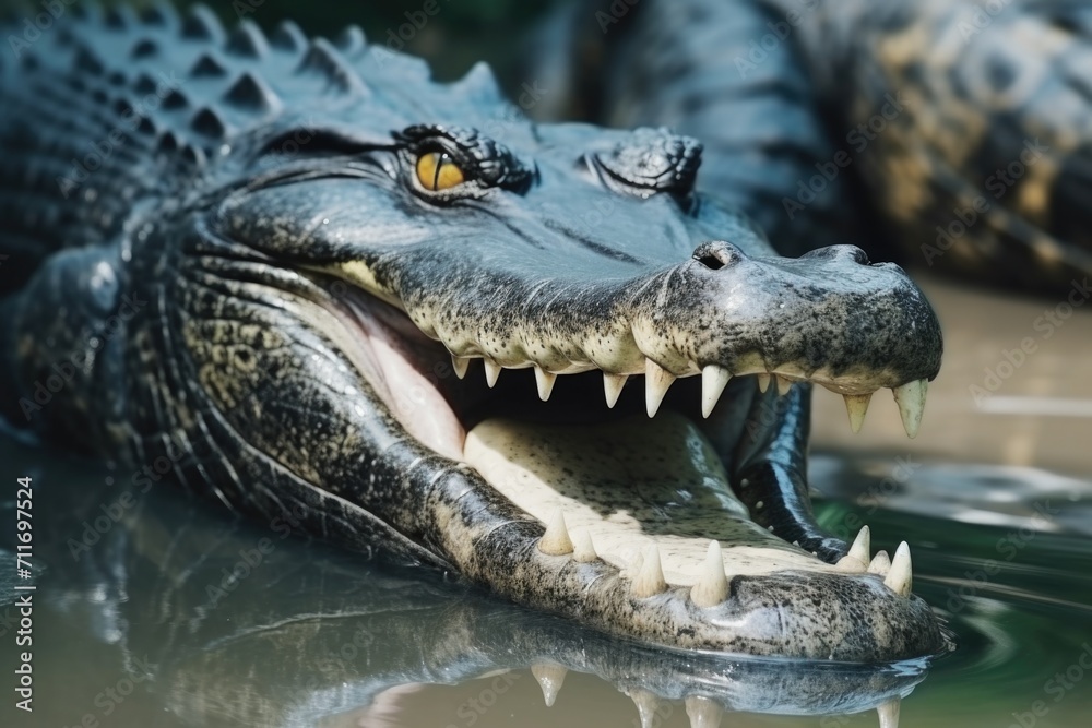 Fototapeta premium Crocodile Farming: Sunbathing, Teeth, and Cultivation