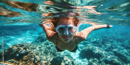 Young woman in snorkeling mask swimming underwater in tropical sea